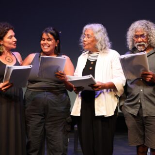 Burning House. Kamarra Bell Wykes, Phoebe Grainer, Aunty Rox McDonald, PJ Rosas. PHOTO CREDIT: MEREDITH REHBURG